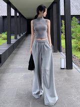 Cotton elasticated waist straight loose wide-leg pants