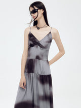 Tie-dye thin mist twill satin backless ruched dress