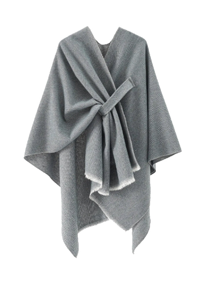 Belted Knit Shawl Wrap with Fringed Hem