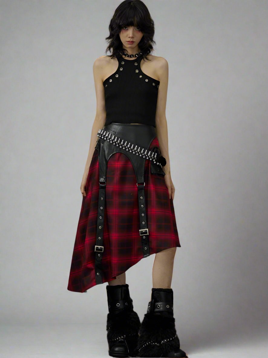 A-line black and red plaid skirt