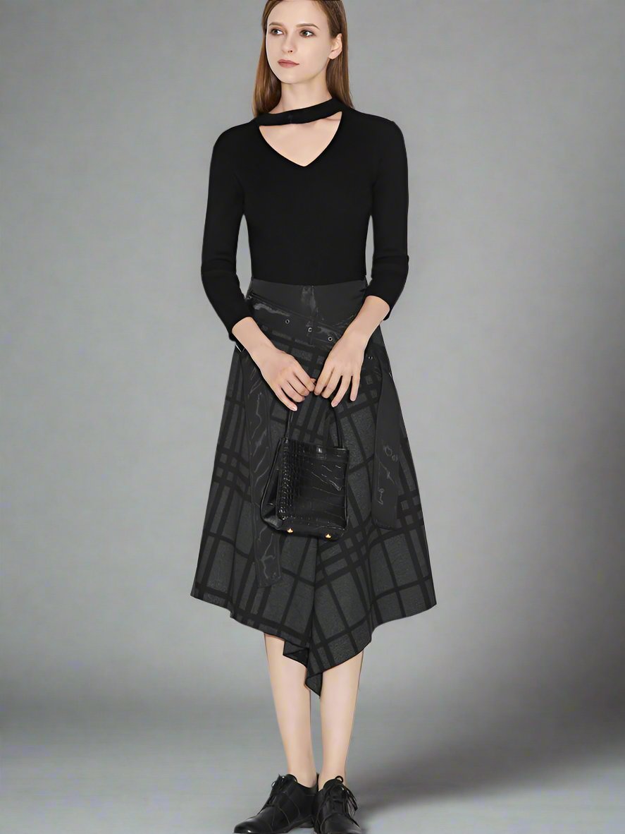 Belt panels irregular contrasting check skirt