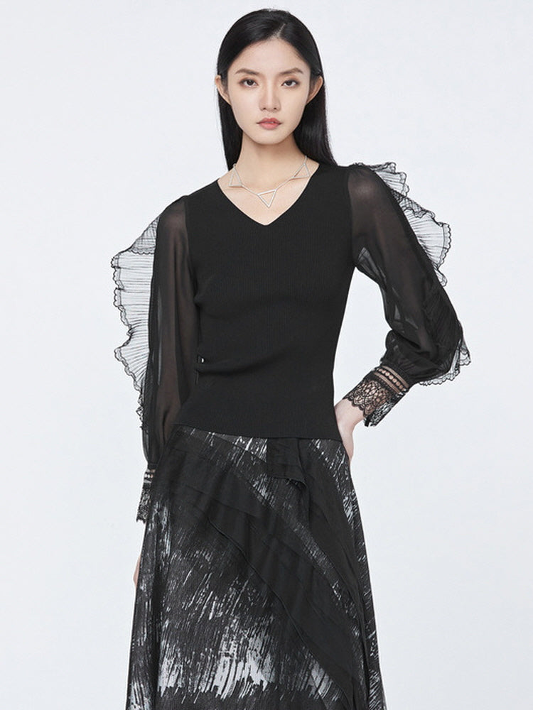 V-neck mesh lace patchwork slim fit knit