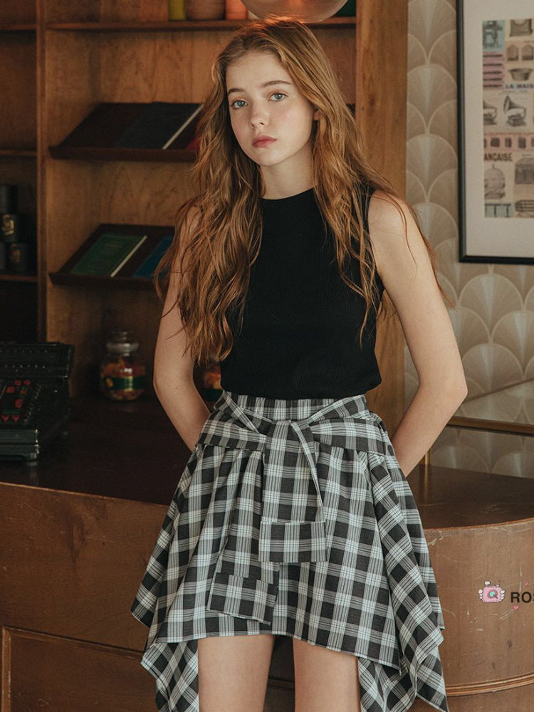 High waist slim irregular plaid skirt