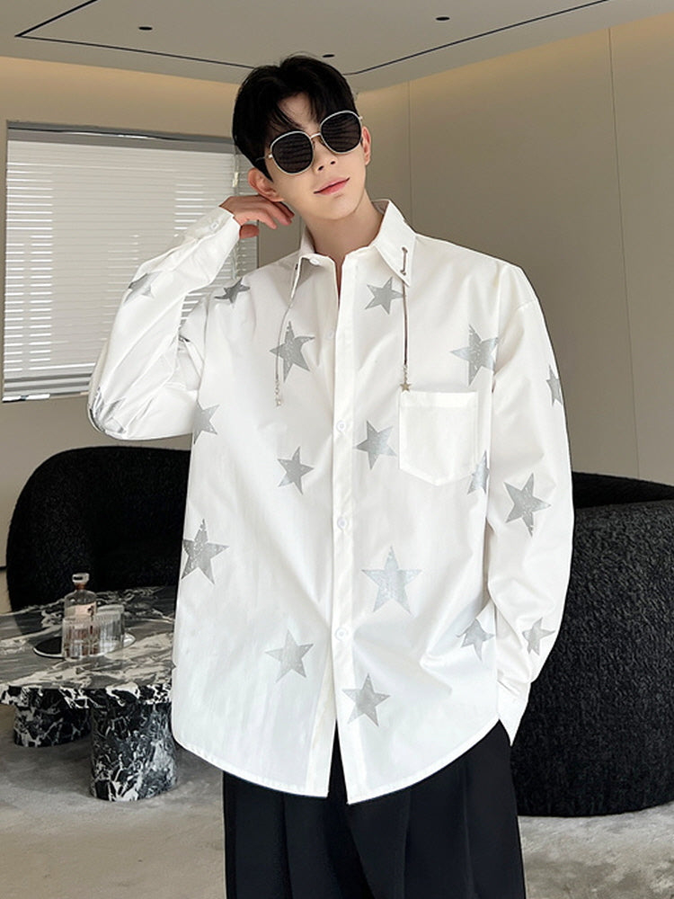 Niche star-print chain shirt men's long sleeve design