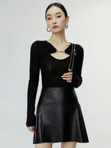 Velvet thickened environmental protection leather A-line skirt