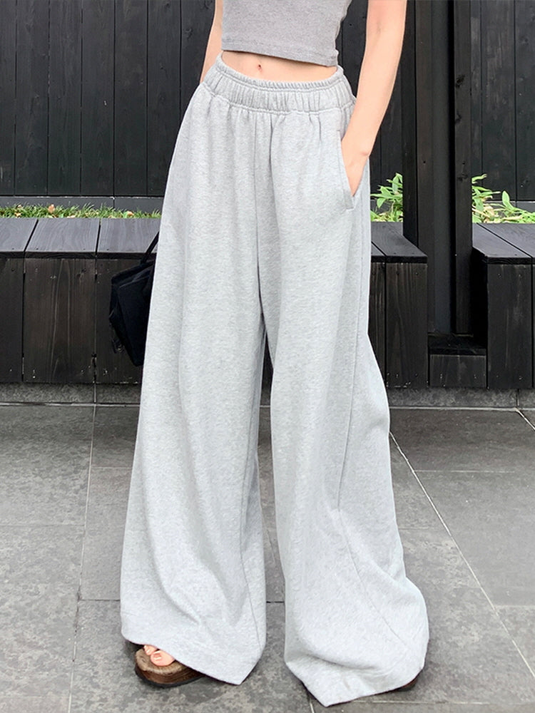 Cotton elasticated waist straight loose wide-leg pants