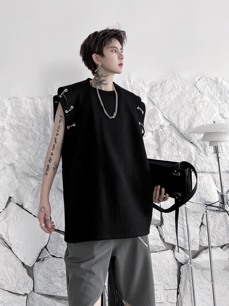 Metal buckle deconstructed design sleeveless T-shirt