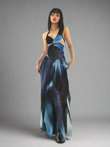 Blue marine resort-inspired backless dress