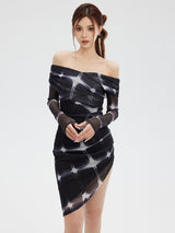 Tech print mesh one-shoulder dress