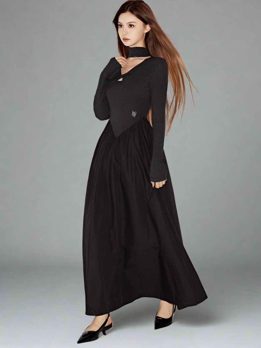 Black stitched V-neck dress