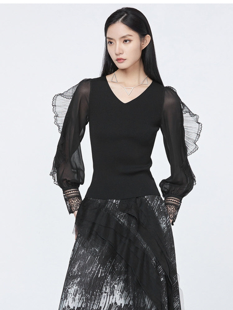 V-neck mesh lace patchwork slim fit knit