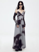 Tie-dye thin mist twill satin backless ruched dress