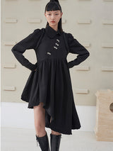 Irregular design black long sleeve dress