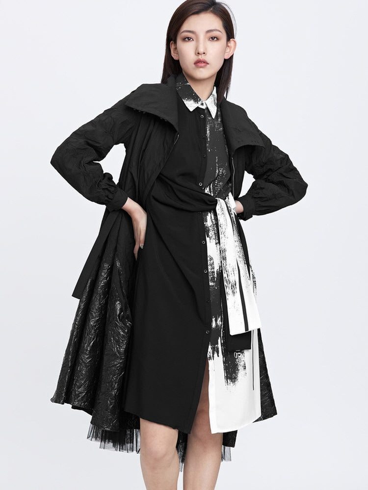 Pleated mesh A-line trench coat