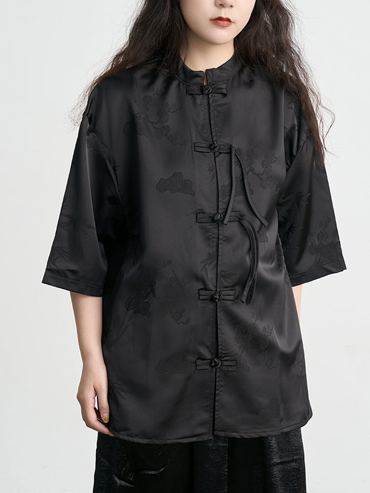 Ice Silk Jacquard chinese short-sleeved thin shirt