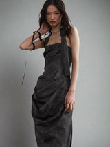 Smoky ink-dyed PU leather halterneck bandeau dress