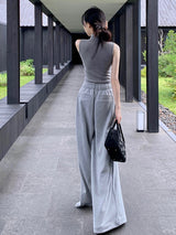 Cotton elasticated waist straight loose wide-leg pants