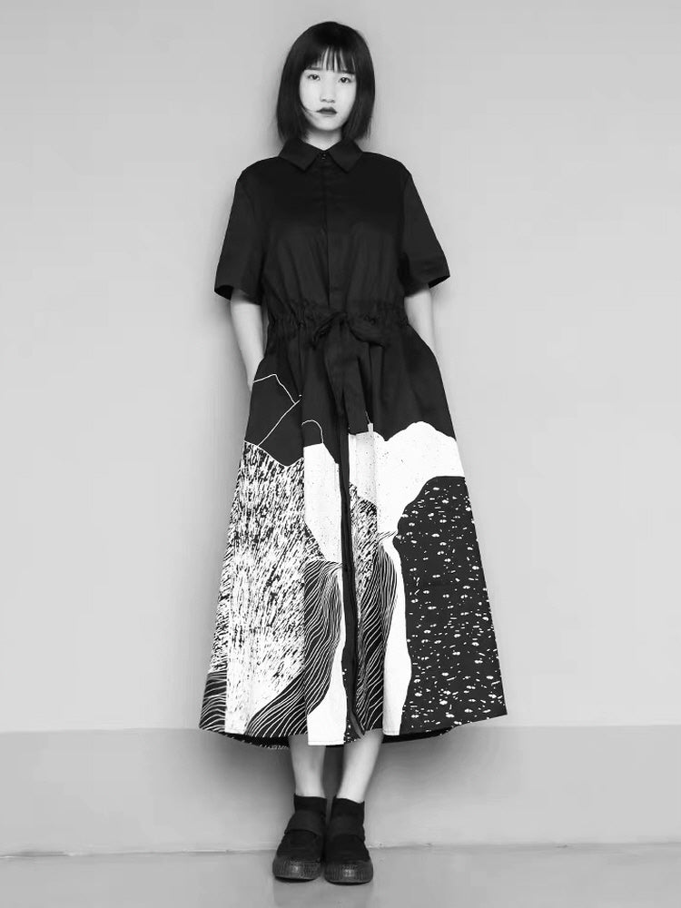 Ukiyo-e print short-sleeved stitching loose dress