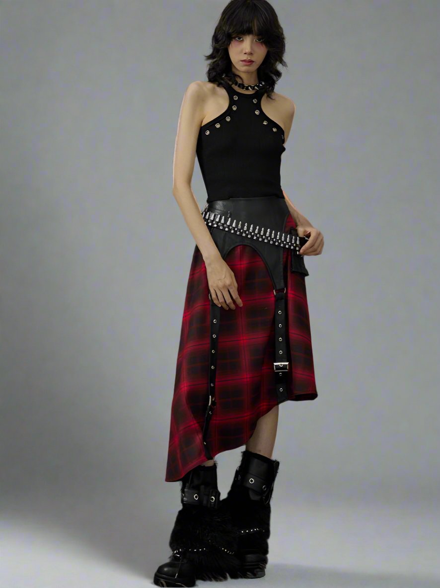 A-line black and red plaid skirt