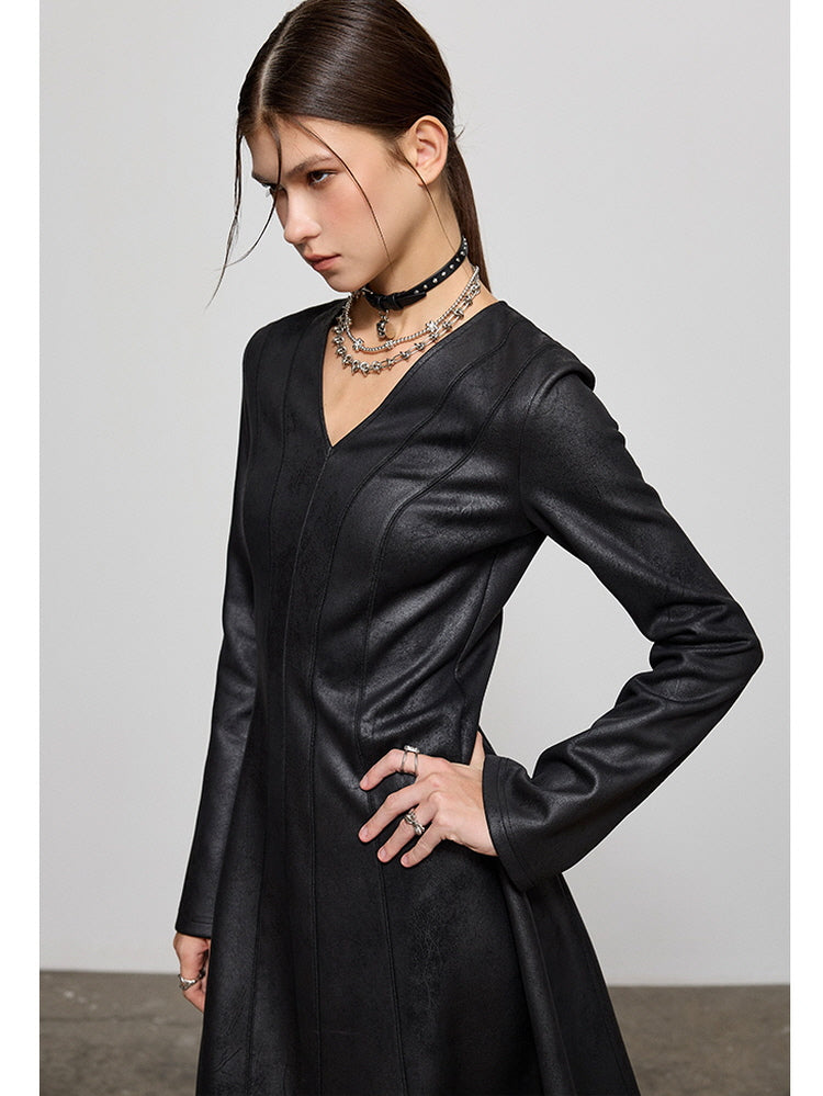 Faux leather waist-cinching midi dress