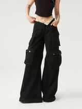 Double waist pocket wide-leg cargo pants