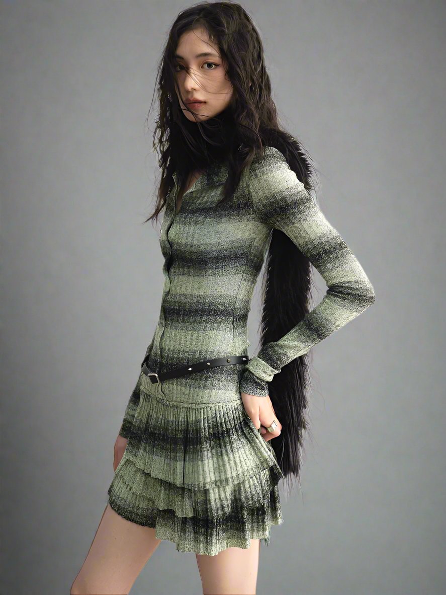 Fruit Green Striped Ruffle Knitted Dress