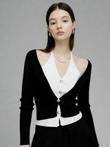 Black and white contrast fake two-piece wool knit cardigan