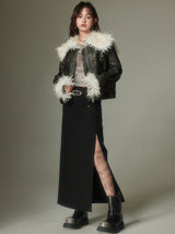 Bowknot fur collar black jacket