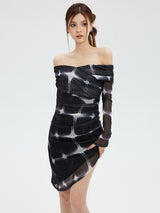 Tech print mesh one-shoulder dress