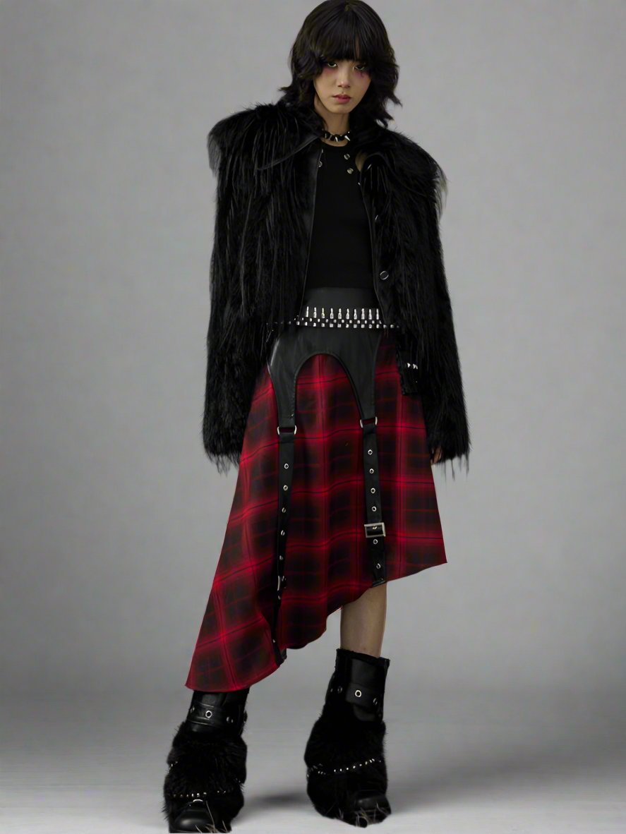 A-line black and red plaid skirt