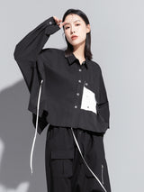 Large pockets irregular tie hem lapel shirt