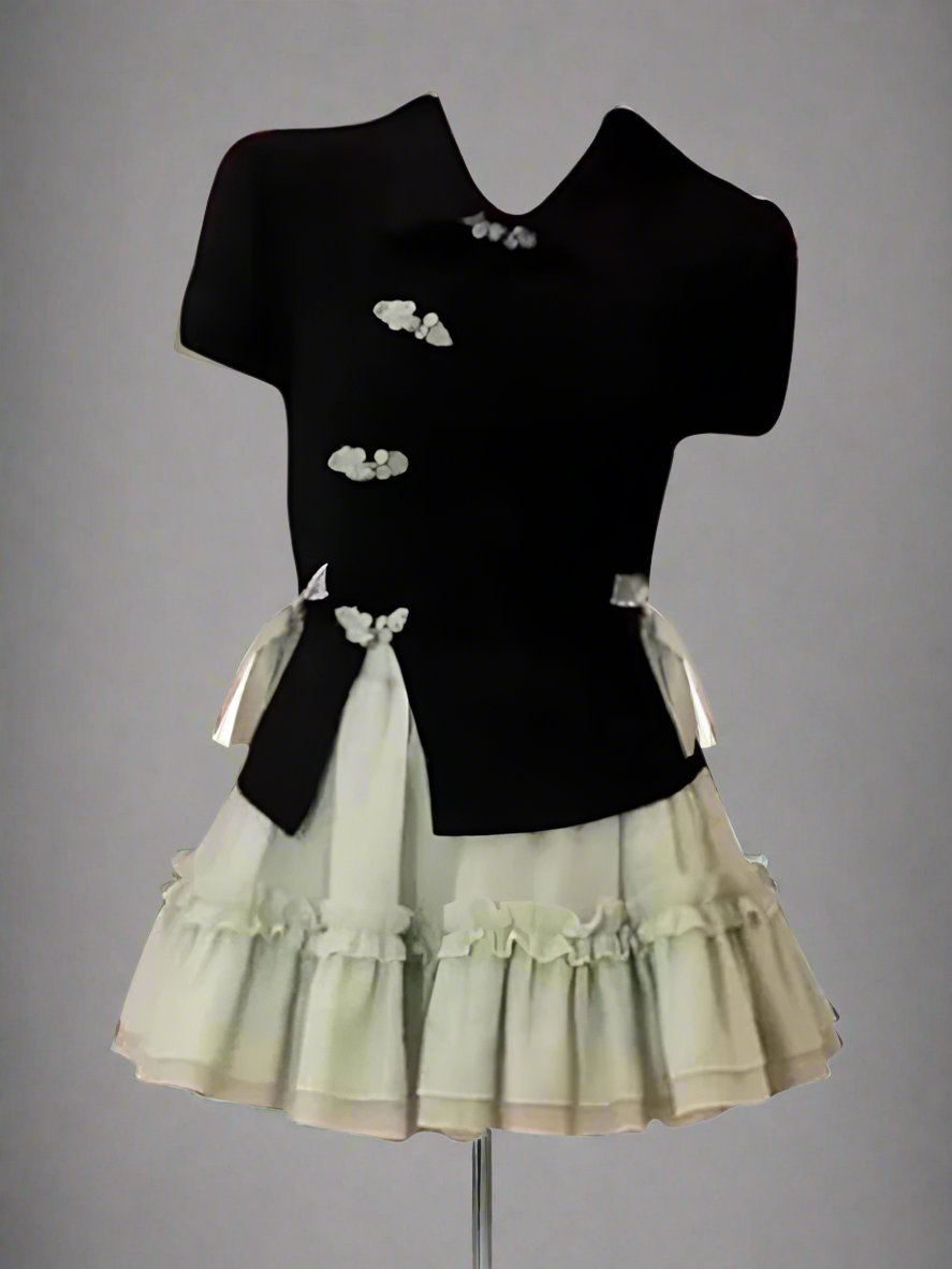 Buckle top & cake skirt two-piece set