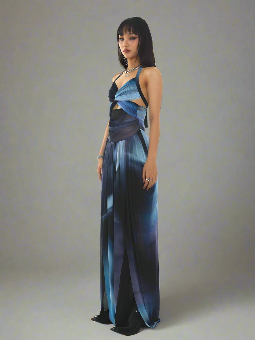 Blue marine resort-inspired backless dress