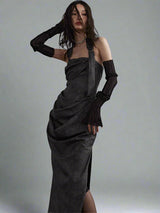 Smoky ink-dyed PU leather halterneck bandeau dress