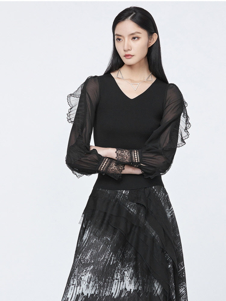 V-neck mesh lace patchwork slim fit knit