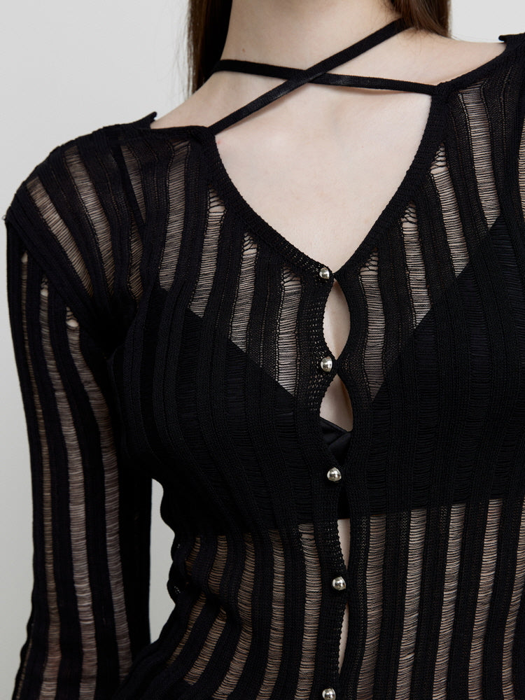 Slightly transparent texture slim knit cardigan