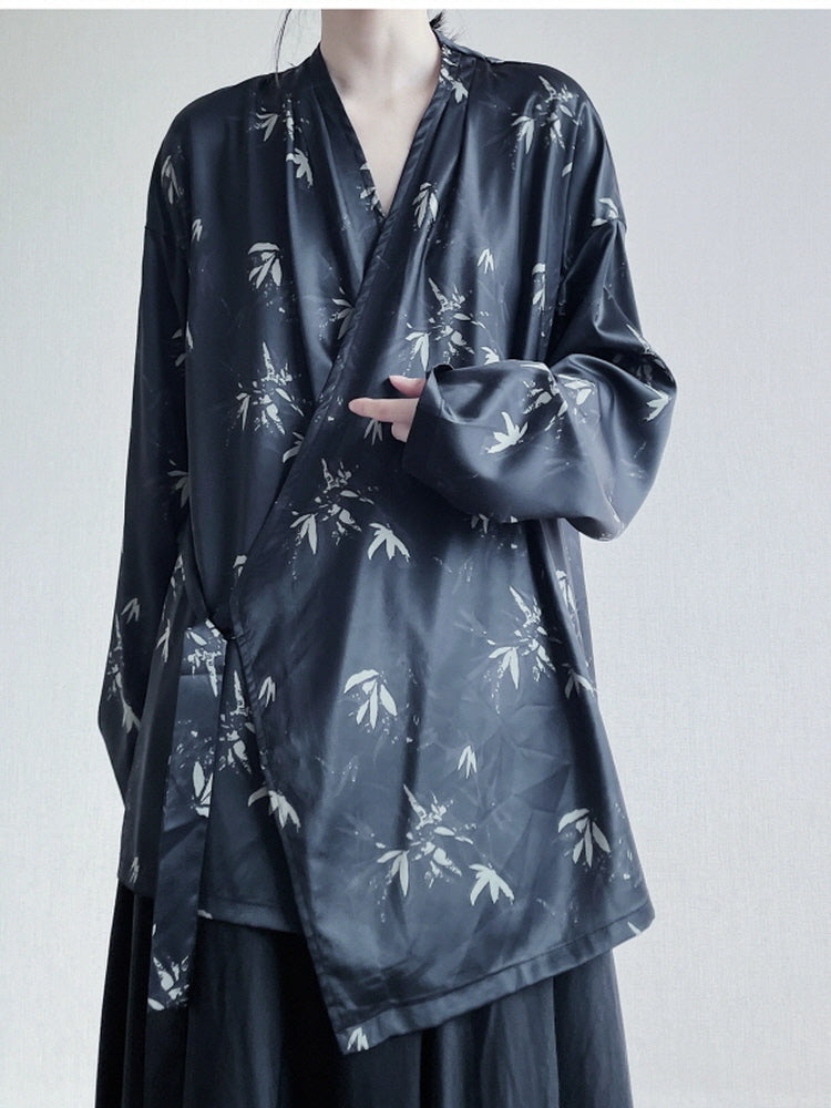 Bamboo leaf print long-sleeved V-neck shirt