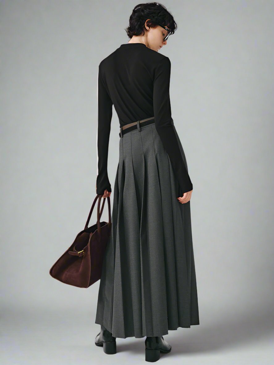 Wool Pleated Maxi Skirt with Frayed Hem