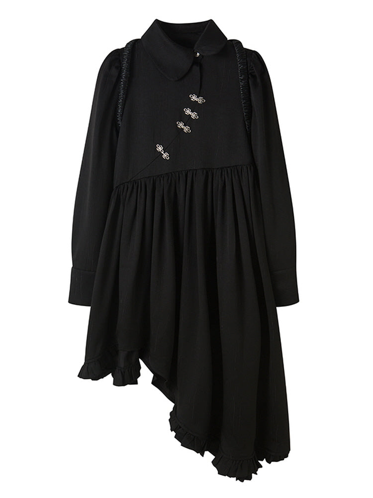 Irregular design black long sleeve dress