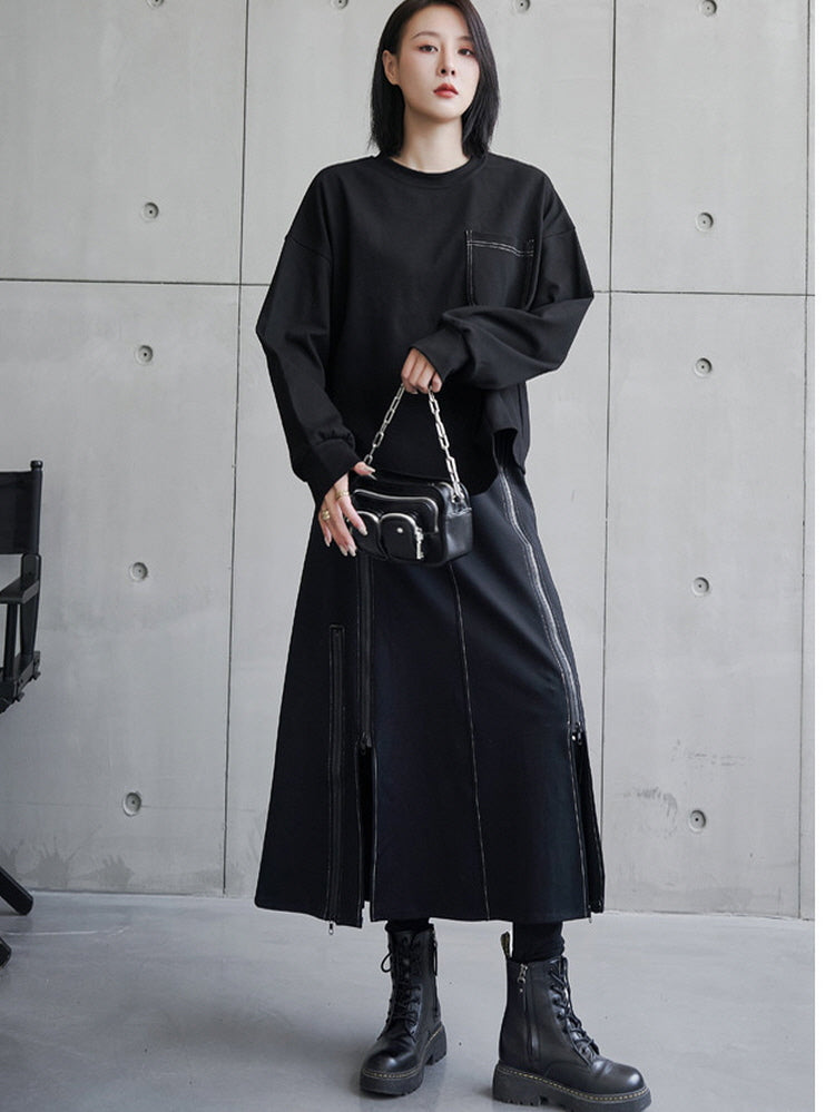 Irregular multi-zip panel midi skirt