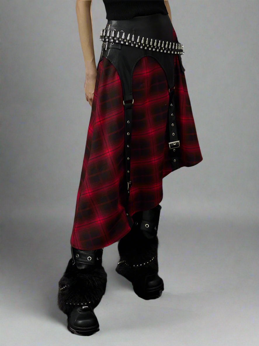 A-line black and red plaid skirt