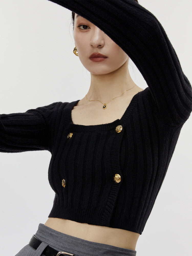 Wool_niche design high waist square neck knit top