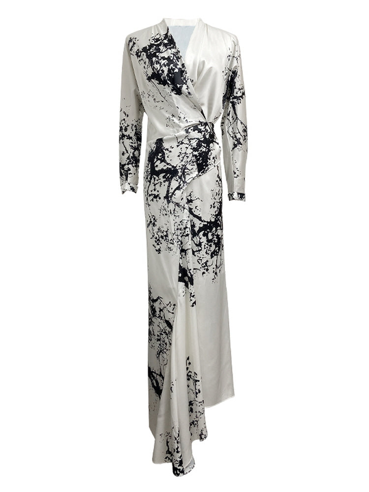 Waist-cinched ink-splashed print long dress suit