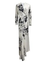 Waist-cinched ink-splashed print long dress suit