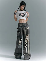 Retro washed low waist wide leg pants