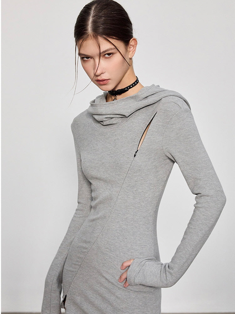 Hoodie with diagonal zipper wears top