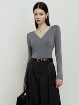 Pleated crossover long sleeve knitwear