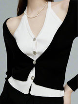 Black and white contrast fake two-piece wool knit cardigan