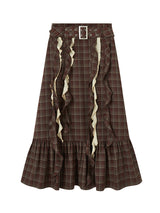 Brown plaid midi skirt with ribbon detail