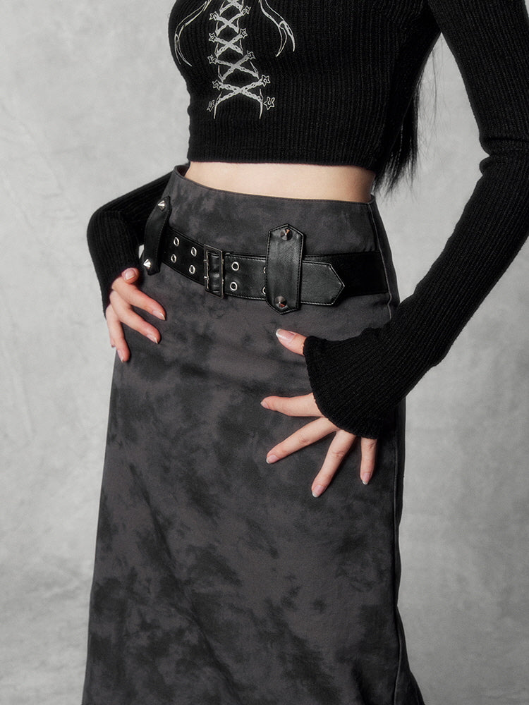 Retro metal buckle high-waisted A-line skirt